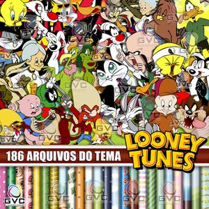 Puede incluir: Una colección digital de ilustraciones de personajes de Looney Tunes que incluye a Bugs Bunny, Daffy Duck, Tweety, Sylvester, Porky Pig y otros, con el texto 186 ARQUIVOS DO TEMA LOONEY TUNES sobre una serie de diseños de papel coloridos.