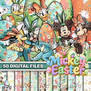Pode incluir: Uma coleção de 50 arquivos digitais com personagens de desenhos animados, incluindo Pato Donald, Margarida, Pateta, Pluto, Mickey Mouse e Minnie Mouse com orelhas de coelho. O design inclui ovos de Páscoa coloridos e o texto Mickey Easter.