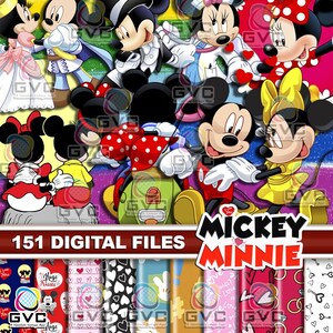 Pode incluir: Uma coleção de 151 arquivos digitais com Mickey e Minnie Mouse em várias poses, roupas e ambientes coloridos. O conjunto inclui ilustrações de personagens e fundos estampados com corações, anéis e texto como Hugs and Kisses.