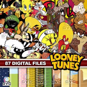 May include: A digital collection of 87 Looney Tunes character files featuring Daffy Duck, Tweety Bird, Bugs Bunny, Wile E. Coyote, Elmer Fudd, Marvin the Martian, Speedy Gonzales, and Yosemite Sam, with a Looney Tunes logo and patterned backgrounds.