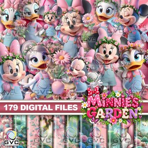May include: A digital collection of 179 files featuring Minnie Mouse and Daisy Duck characters in a garden setting. The characters wear pink shirts and blue overalls with floral crowns. The text reads 179 DIGITAL FILES and MINNIE'S GARDEN.