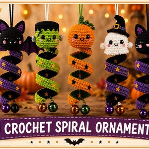 May include: Five crochet spiral ornaments featuring Halloween characters: a black bat, a green Frankenstein monster, an orange pumpkin, a white ghost with a black hat, and a black cat. Each ornament has a spiraling tail with star accents and bells.