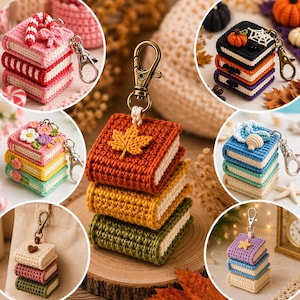 May include: A collection of miniature crochet book keychains featuring various themes including autumn leaves, pumpkins, flowers, seashells, and stars. Each keychain consists of a stack of three small books attached to a metal swivel lobster clasp.