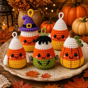 May include: A set of five crocheted Halloween ornaments shaped like candy corn, featuring various designs including a witch hat, a Frankenstein monster, and a pumpkin. Each ornament has a small loop at the top, black bead eyes, and a smiling face.