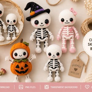 Può includere: Una collezione di cinque bambole scheletro all'uncinetto, tra cui una con un cappello da strega nero, una in costume da zucca e una con un fiocco rosa. Il testo recita: CUTE CROCHET SKELETON BUNDLE, HANDMADE WITH LOVE, DIGITAL DOWNLOAD, PNG FILES.