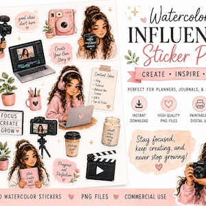 May include: A watercolor sticker pack featuring illustrations of a person with brown hair, a laptop, a camera, a backpack, a to-do list, a light box with text, a coffee cup, a candle, and a clapperboard, with the text Watercolor Influencer Sticker Pack.