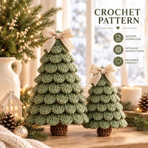 May include: Two sage green crocheted Christmas trees with brown trunks and beige burlap bows on top. The text CROCHET PATTERN is visible along with icons for instant download, detailed instructions, and beginner friendly features.