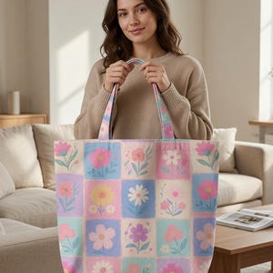 Pastel Floral Patchwork Tote, Aesthetic Flower Grid Book Bag, Back to School Gift, Cute Canvas Tote, Cottagecore Bag, Art Student Gift, Tote