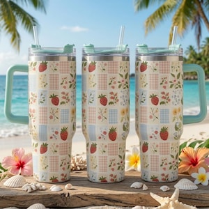 40 Oz Tumbler With Handle, Strawberry Patchwork Cup, Back to School Gift, Cottagecore Travel Mug, Aesthetic Water Bottle,