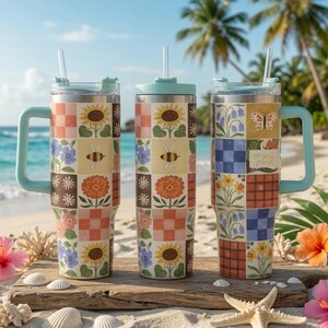 40 Oz Tumbler With Handle, Floral Patchwork Cup, Back to School Gift, Retro Garden Travel Mug, Aesthetic Water Bottle, Trendy Gift For Her