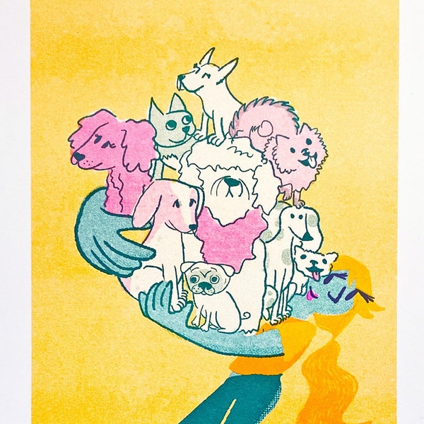 Dog Pile || 8" x 10" Risograph Print riso print artwork original illustration dog mom artwork wall decor