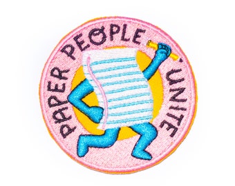 Paper People Unite Patch || iron on patch, patches for jackets, patches for bags, embroidered patch, paper lover, pink patch