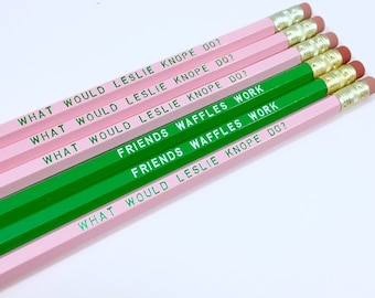 Parks and Rec 6 Pencil Set || engraved pencils, leslie knope, parks and recreation, waffles, cute pencils, stocking stuffer, amy poehler