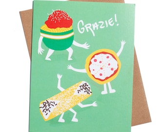 Grazie! Thank You Card || thanks card, grazie card, italian card, pasta card, carbs card, italian food, cannoli, cute card