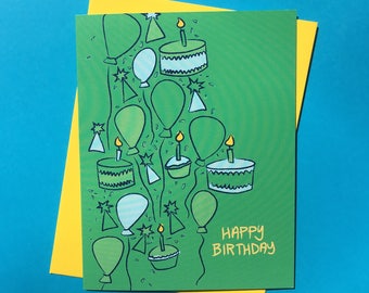 Birthday Party Card || birthday illustration, birthday design, cake and balloon card, illustrated card, greeting card, cute card