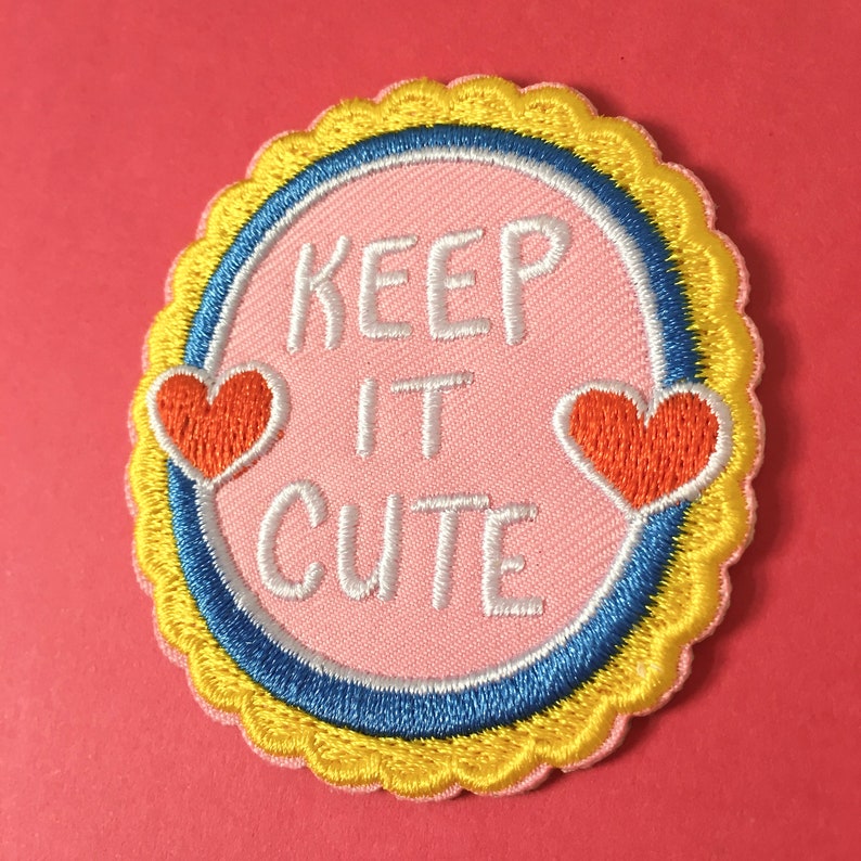 Keep It Cute Patch iron on patch, patches for jackets, patches for bags, embroidered patch, words to live by, heart patch, pink patch image 2