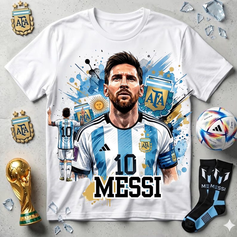 Messi PNG Football T-Shirt Design, Argentina Soccer World Cup Clip Art, Lionel Messi Sublimation File, GOAT Png, World cup shirt design PNG