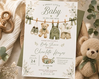 Sage Green Clothesline Baby Shower Invitation, Gender Neutral Invite, Editable Canva Printable