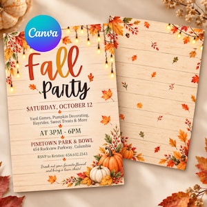 May include: A fall party invitation card featuring a light wood grain background, string lights, orange and red autumn leaves, and pumpkins. The text reads Fall Party, Saturday, October 12, 3PM-6PM, Pinetown Park & Bowl, 654 Rockview Parkway, Columbia, RSVP to Kristen: 654.632.2343.