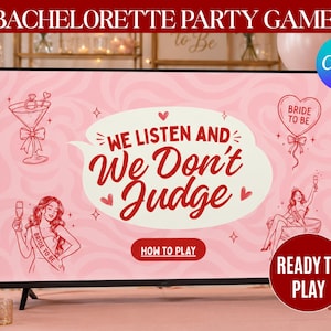 Puede incluir: Una pantalla digital de juego para despedida de soltera con fondo rosa en espiral. El texto central dice WE LISTEN AND We Don't Judge dentro de un globo de texto. Las ilustraciones incluyen una copa de martini con un anillo y un corazón.