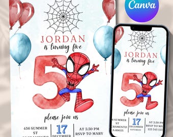 Uitnodiging voor een 5e Spidey-verjaardag, Spider-Man-uitnodiging, Digitale uitnodiging voor een Spider-Man-verjaardagsfeestje voor jongens, Bewerkbaar Canva-sjabloon