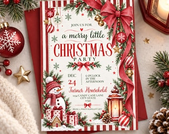 Family Christmas Party Invitation, Red Bow Holiday Festive Christmas Invite, Holiday Disco Party, Vintage Christmas Tree, Canva Template