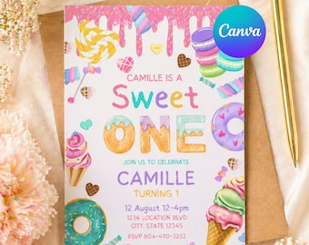 Sweet One Birthday Invitation Girl First Birthday Dessert Theme Invite Candy Donut Ice Cream Sweets Party Editable 1st Birthday Canva