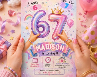 I Was 6 Now I'm 7 Birthday Invitation Rainbow Pastel 6-7 7th Party Editable Invite