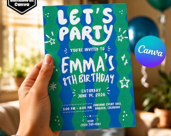 Let’s Party Birthday Invitation Template, Editable Canva Birthday Invite, Retro Kids Birthday Invitation, Colorful Party