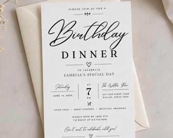 Birthday Dinner Invitation, Editable Birthday Dinner Digital Invite, Dinner Invitation Template, Minimal Birthday Invite, Any Age Invite