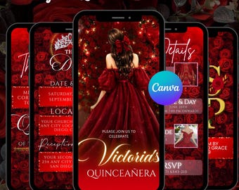 Red Floral Quinceañera Video Invitation, Red and Gold Sweet 15 Birthday Animated Invitation, Mis Quince Anos Birthday Digital Invite