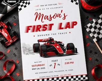 Race Car 1st Birthday Invitation, First Lap Around the Track Birthday Invite for One Year Old Boy, Editable Canva Template, Print or Text
