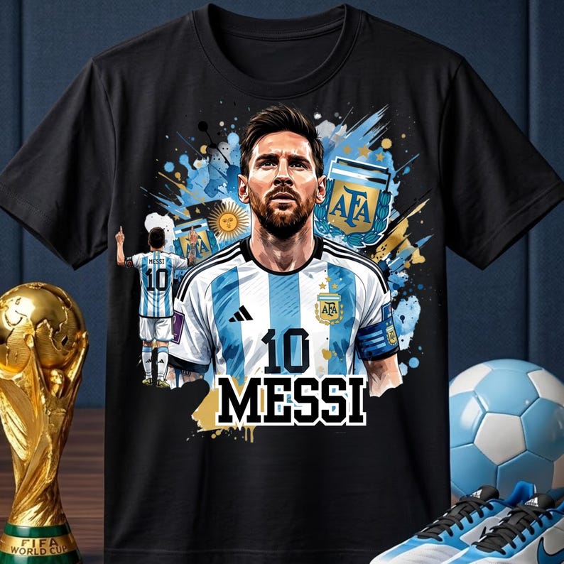 Messi PNG Football T-Shirt Design, Argentina Soccer World Cup Clip Art, Lionel Messi Sublimation File, GOAT Png, World cup shirt design PNG