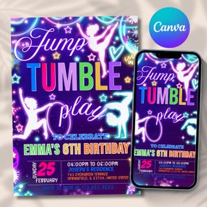 May include: A digital birthday invitation flyer and smartphone display featuring a dark purple background with neon-style graphics of gymnasts, stars, and hearts. Text reads: Jump Tumble play to celebrate Emma's 6th birthday, Sunday 25 February.