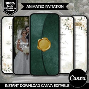 Könnte beinhalten: Ein animiertes digitales Hochzeitseinladungs-Vorlagenset, das auf mehreren Smartphone-Bildschirmen angezeigt wird. Das Design zeigt einen dunkelgrünen, strukturierten Hintergrund mit einem goldenen Wachssiegel, weißen Blumenakzenten und bearbeitbaren Textfeldern.