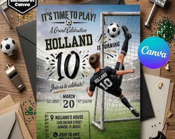 Soccer Birthday Invitation, Boys Sports Party Digital Invite, Football Party Evite, Soccer Invitation, Sports Theme, Editable Canva Template