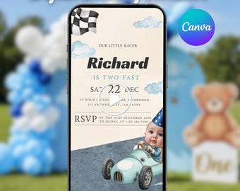 Editable Two Fast 2nd Birthday Video Invitation Personalables Grow Up Two Curious Race Car Blue Boy Animated Electronic Mobile Invite