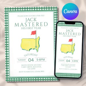 May include: A golf-themed invitation with a green and white checkered border. The invitation includes the text "PLEASE JOIN US FOR A PAR-TEE! JACK MASTERED HIS FIRST YEAR" and event details. A smartphone displays the same design.