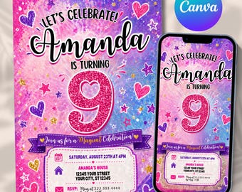 9th Birthday Invitation, Girl 9th Invitation, Girl Birthday, Neon Glow Invitation, Balloon Butterfly Invitation, Editable Canva Template