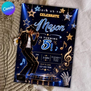 May include: A birthday invitation card featuring a performer in a black suit and hat on a stage. The text reads JOIN US TO CELEBRATE Mason IS TURNING 5! JUNE 4, 3-11PM, 123 ANYWHERE ST, ANY CITY, ST 12345, RSVP TO JOHN 123-456-7890. Gold stars and music notes.