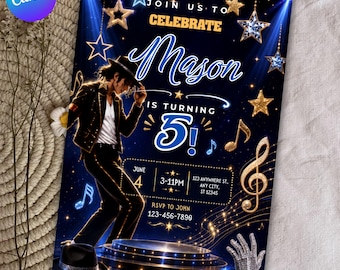 Moonwalk Pop Star Birthday Invite, Michael Jackson Beat It Birthday Invitation Template, MJ Theme Party Invite, Canva Digital Download