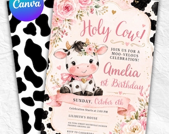 Holy Cow Party Birthday Invitation, Cowgirl Party Invitation, Banyard Party Invitation, Holy Cow Invitation, Editable Canva Template