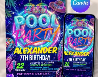 Pool Party Birthday Invitation, Whimsical Swim Invite, Pink Bow Coquette (Digital Download)