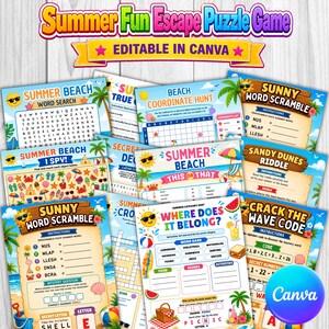 Pode incluir: Uma coleção de folhas de atividades imprimíveis com tema de verão, incluindo caça-palavras, anagramas, enigmas e jogos de coordenadas. As páginas apresentam gráficos coloridos de sóis, palmeiras e itens de praia com o texto Summer Fun Escape Puzzle Game.