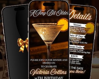 A Tiny Bit Older Birthday Video Invitation, Black Martini Women's Party Dinner Digital Invite, Elegant Ladies Girls Cocktail Animated Evite