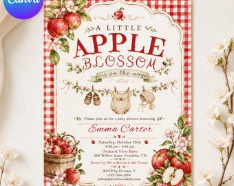 Apple Baby Shower Invitation, Red Apple Baby Shower Invite, Apple of Our Eyes Baby Shower,Floral Orchard Baby Shower Template,Editable Canva