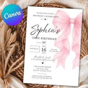 May include: A white birthday invitation card featuring a large, watercolor-style pink ribbon bow on the right side. The text reads: Please join us for a birthday celebration, Sophia's 10th birthday, Saturday May 16 2026, 2:00 PM to 5:00 PM, The Bloom Garden, 456 Peony Way, Roswell, Georgia 30075, Kindly RSVP to Jessica (555) 234-6789 by May 1st.
