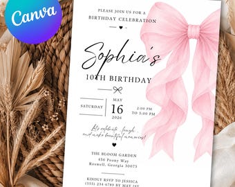Pink Bow Birthday Invitation, Coquette Birthday Party Invite, Elegant Birthday Template, Girl’s Birthday Evite, Canva Editable Template