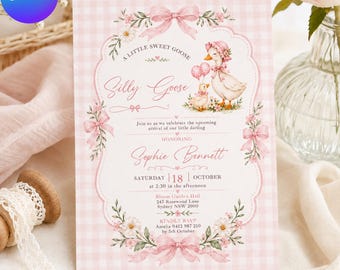 Silly Goose Baby Shower Invitation Template, Pink Gingham Girl Baby Shower Invite, Silly Goose Invite, Digital Invitation, Canva Editable