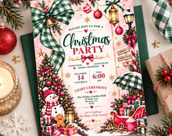 Christmas Party Invitation Editable Template 5x7 Digital Holiday Party Invite Instant Download Printable Festive Pink Ribbon Dinner Invite